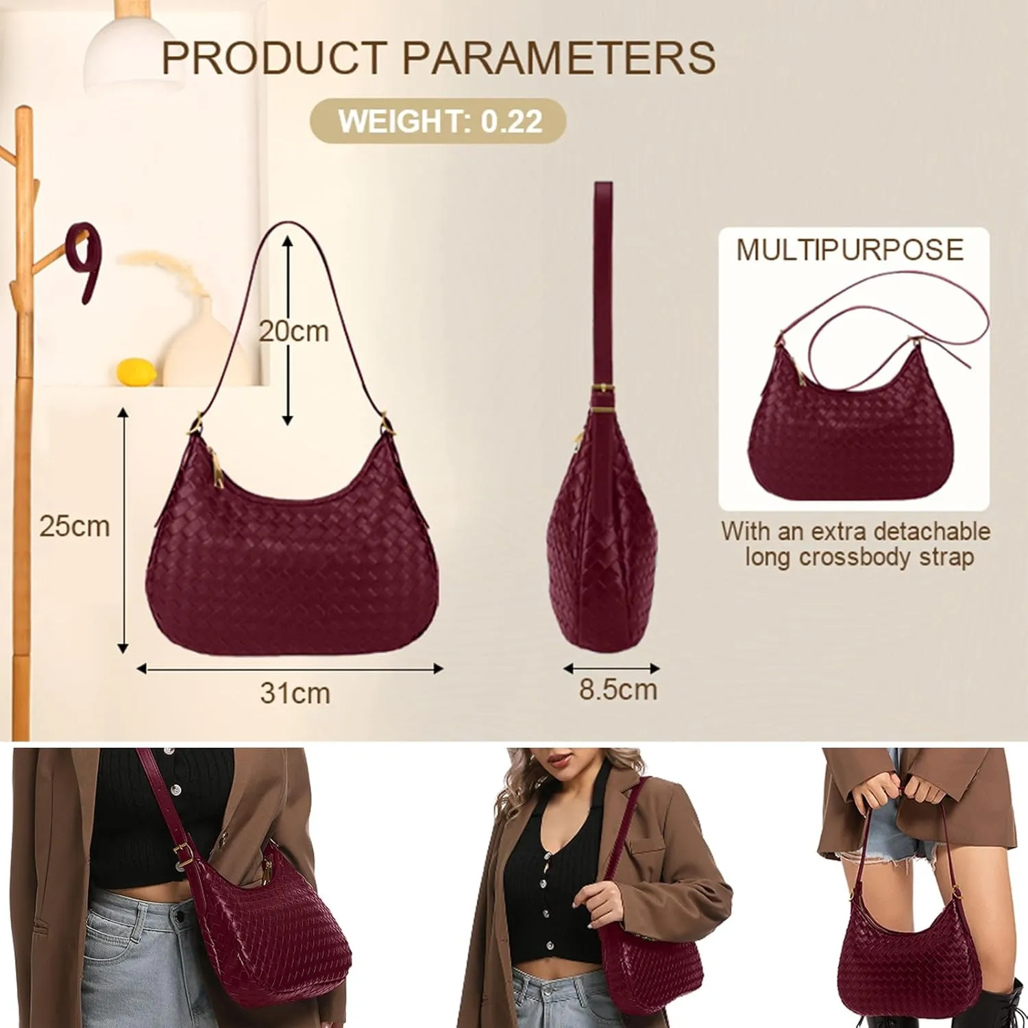 Shoulder Handbags for Women Crossbody Woven Leather Tote Shoulder Bag Purse Hobo Lightweight With Zipper Adjustable Strap