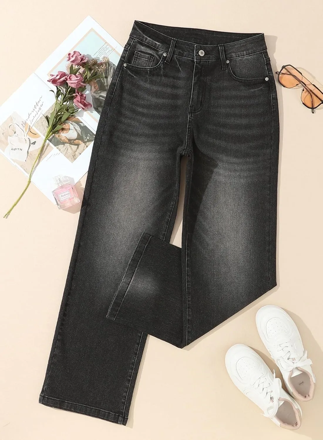 Sidefeel Women's Wide Leg Jeans Casual High Waisted Straight Zimbaplatinum Denim Pants with Pockets
