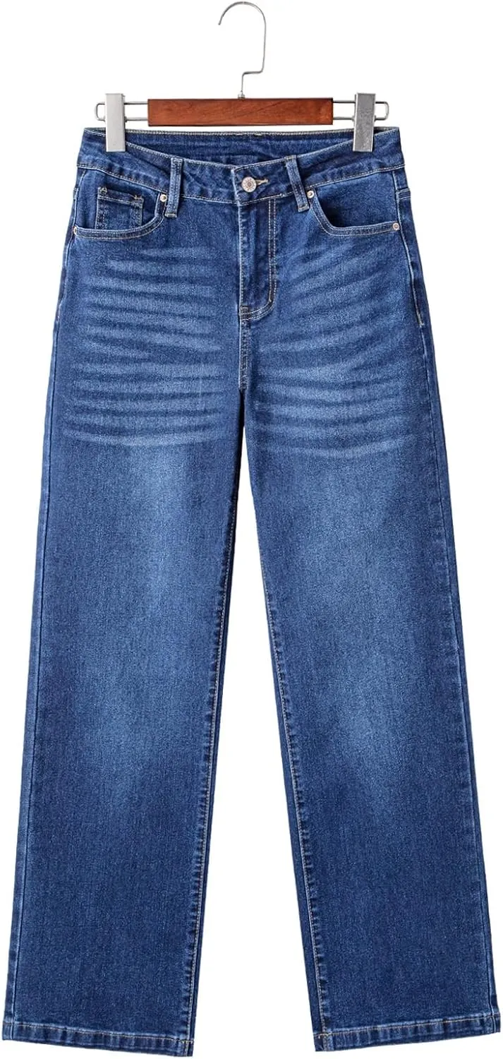 Sidefeel Women's Wide Leg Jeans Casual High Waisted Straight Zimbaplatinum Denim Pants with Pockets