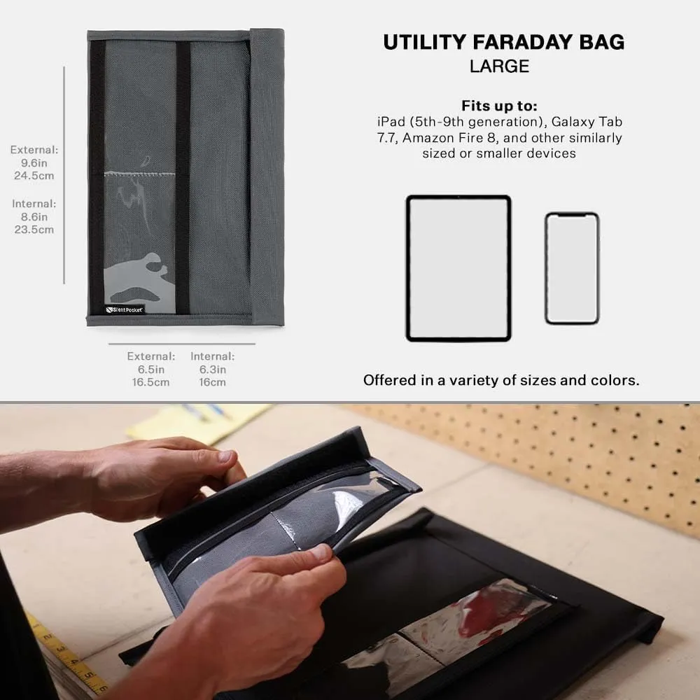 Silent Pocket SLNT Quick Access Smartphone Faraday Bag Technology - Weatherproof Signal Blocking Nylon, Device Shielding for Tablets for Travel, Privacy & Anti-Hacking (Charcoal Grey, Large)