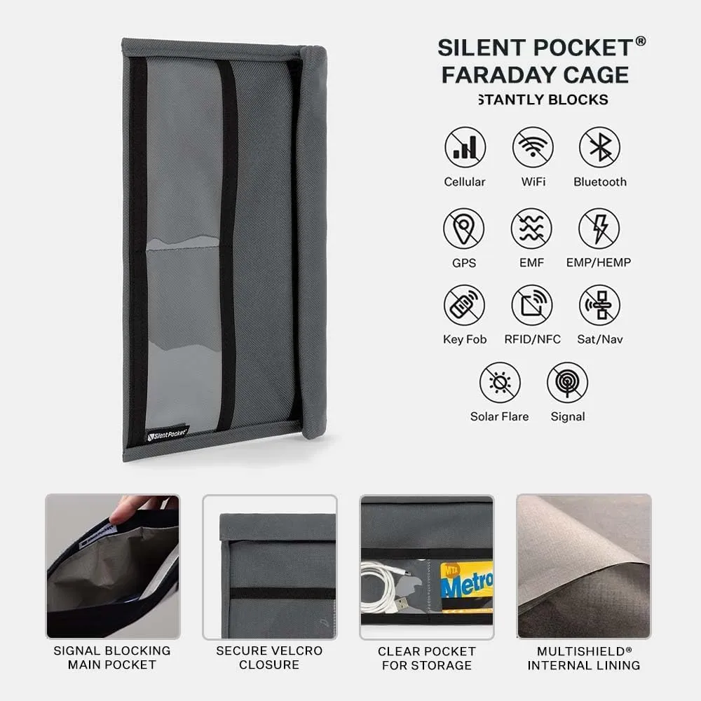 Silent Pocket SLNT Quick Access Smartphone Faraday Bag Technology - Weatherproof Signal Blocking Nylon, Device Shielding for Tablets for Travel, Privacy & Anti-Hacking (Charcoal Grey, Large)