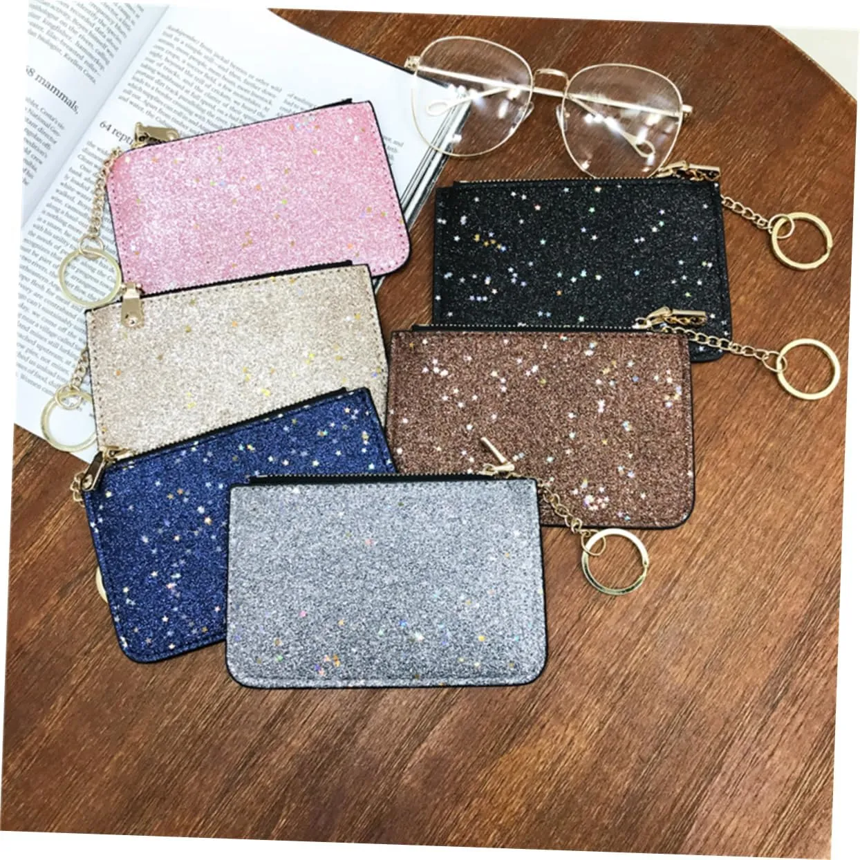 Silver Glitter Zipper Coin Purse with Key Chain Stylish Sequin Wallet for Ladies Compact Zipper Wallet and Card Holder
