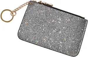 Silver Glitter Zipper Coin Purse with Key Chain Stylish Sequin Wallet for Ladies Compact Zipper Wallet and Card Holder