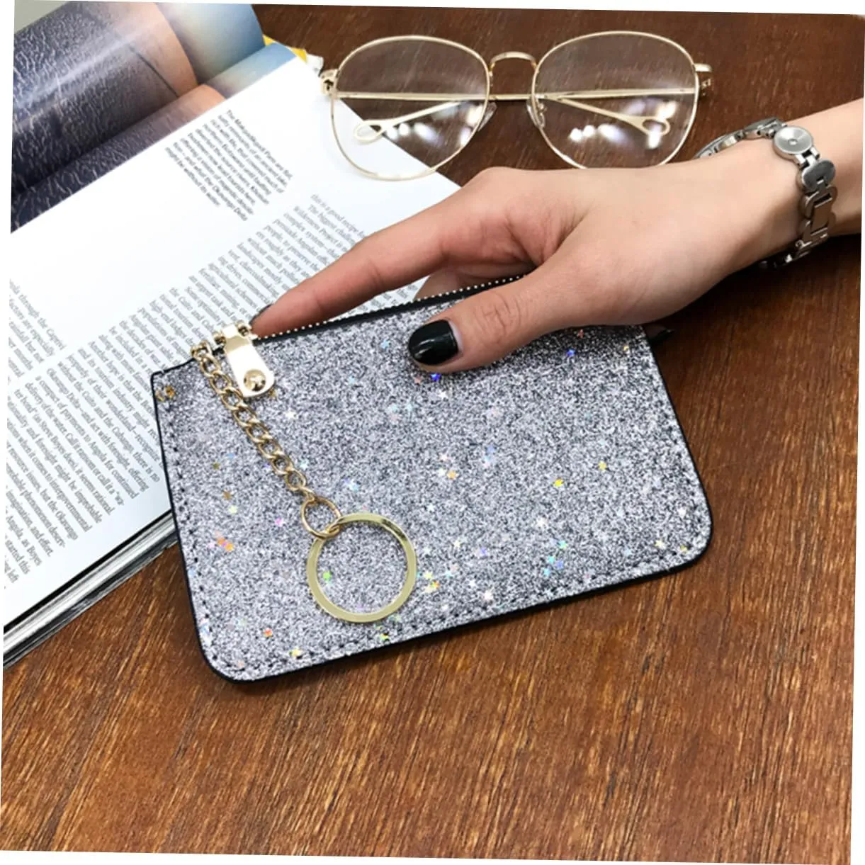 Silver Glitter Zipper Coin Purse with Key Chain Stylish Sequin Wallet for Ladies Compact Zipper Wallet and Card Holder