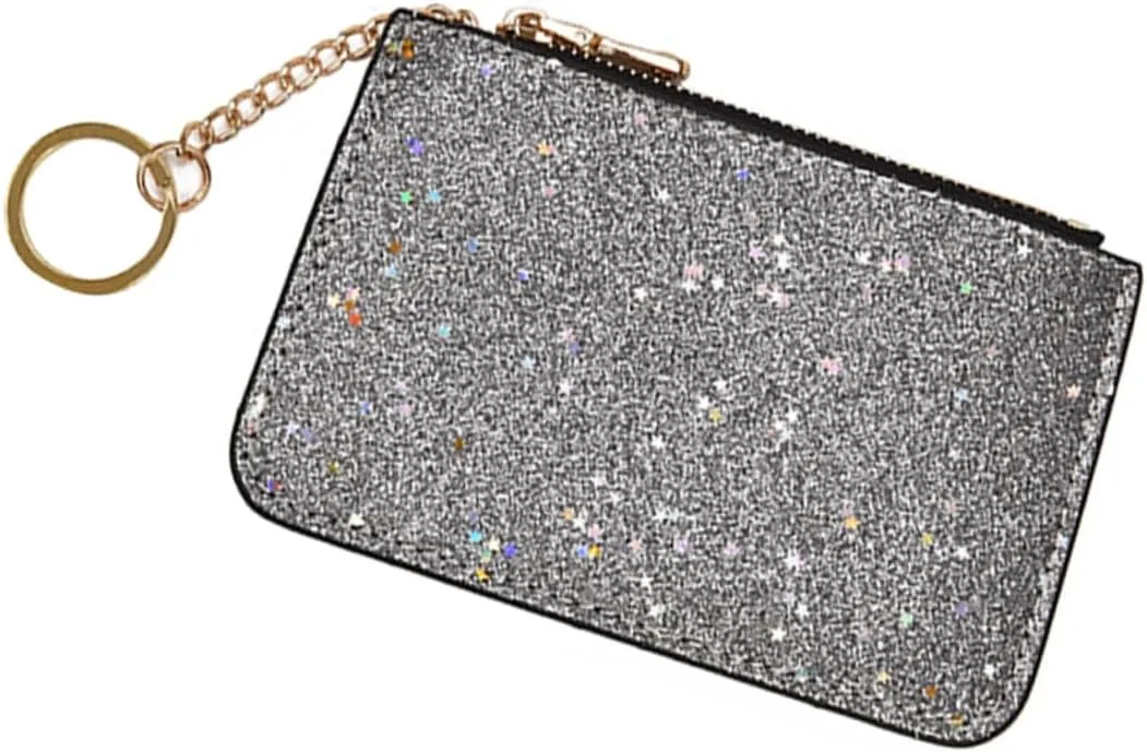 Silver Glitter Zipper Coin Purse with Key Chain Stylish Sequin Wallet for Ladies Compact Zipper Wallet and Card Holder