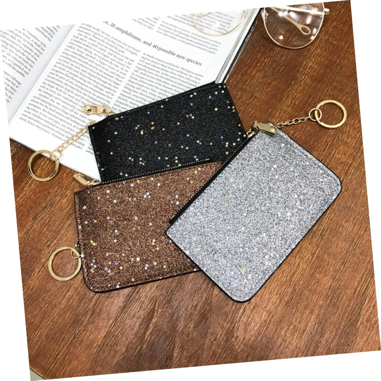 Silver Glitter Zipper Coin Purse with Key Chain Stylish Sequin Wallet for Ladies Compact Zipper Wallet and Card Holder