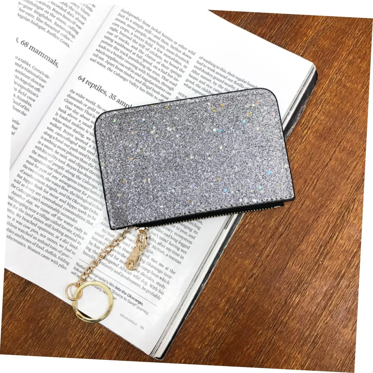 Silver Glitter Zipper Coin Purse with Key Chain Stylish Sequin Wallet for Ladies Compact Zipper Wallet and Card Holder