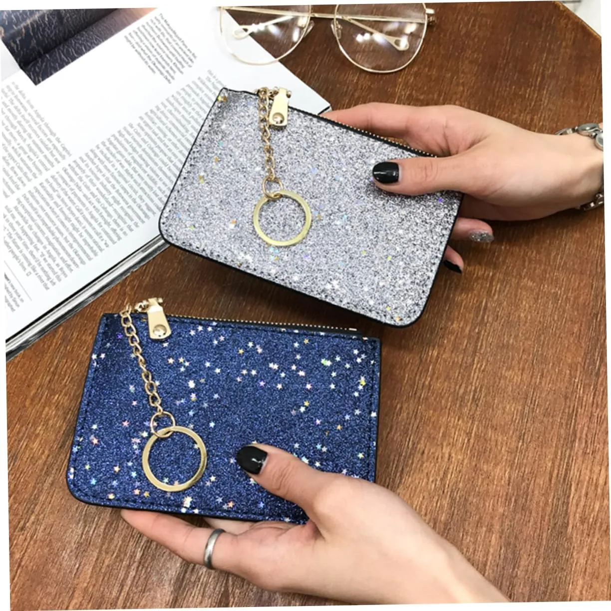Silver Glitter Zipper Coin Purse with Key Chain Stylish Sequin Wallet for Ladies Compact Zipper Wallet and Card Holder