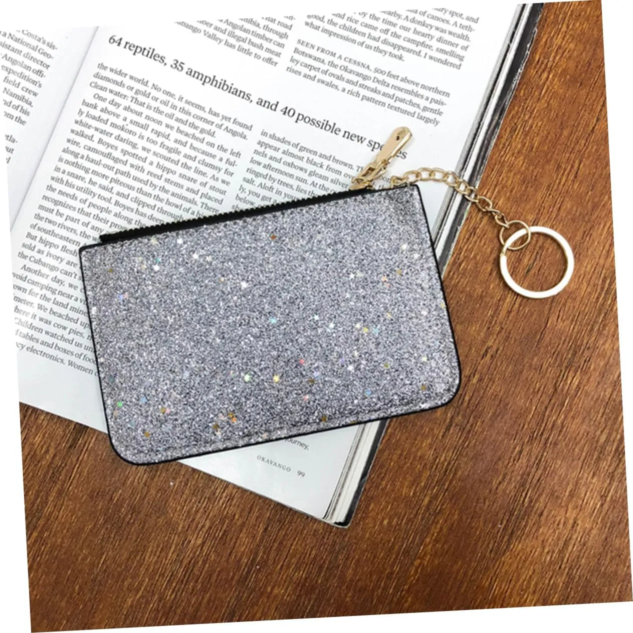 Silver Glitter Zipper Coin Purse with Key Chain Stylish Sequin Wallet for Ladies Compact Zipper Wallet and Card Holder