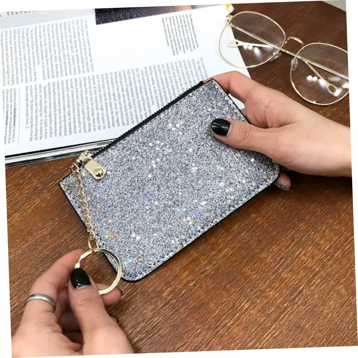 Silver Glitter Zipper Coin Purse with Key Chain Stylish Sequin Wallet for Ladies Compact Zipper Wallet and Card Holder