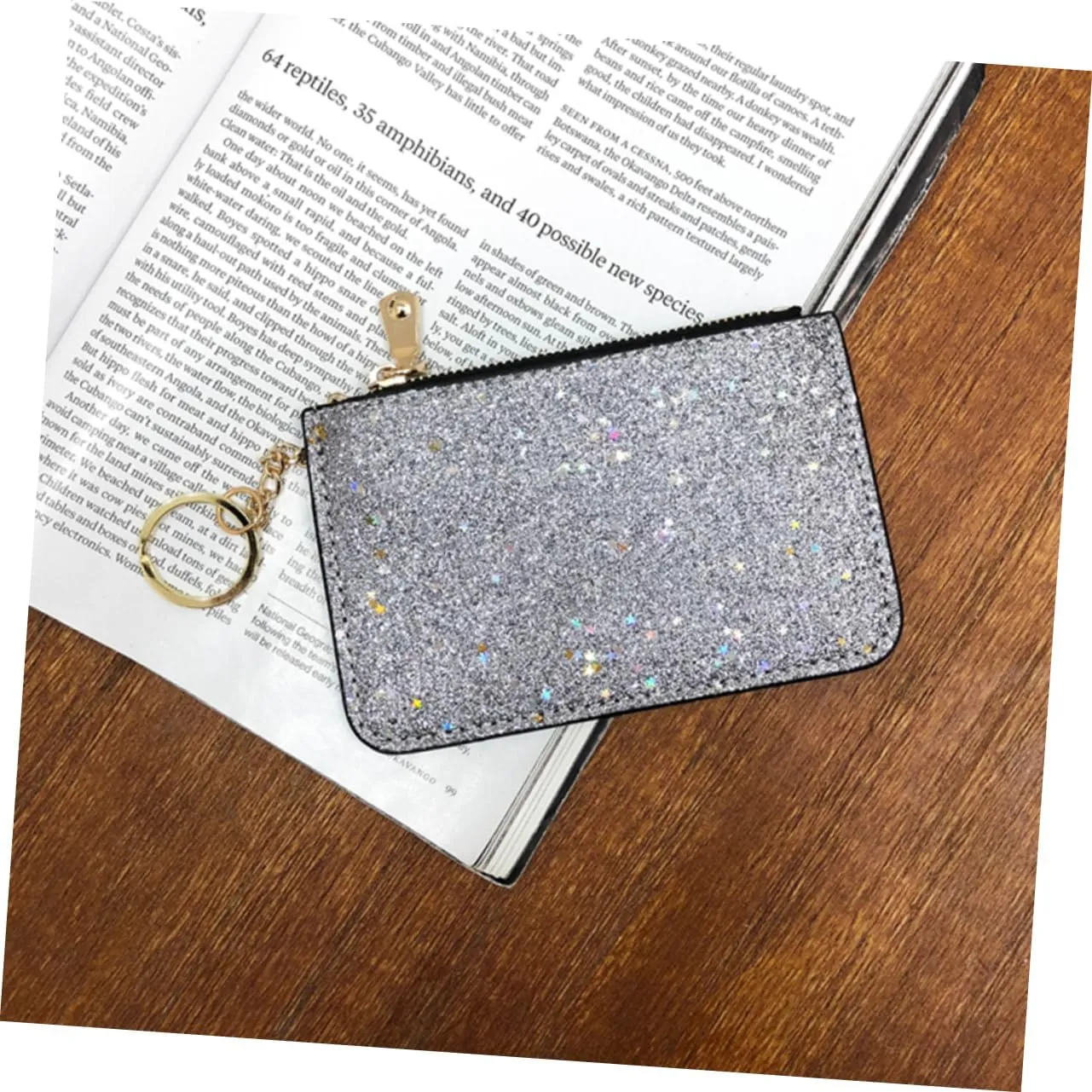 Silver Glitter Zipper Coin Purse with Key Chain Stylish Sequin Wallet for Ladies Compact Zipper Wallet and Card Holder