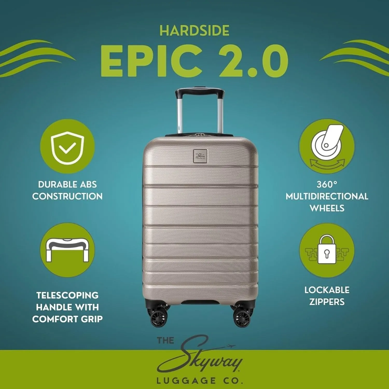 Skyway Epic 2.0 Hardside Lightweight and Durable ABS Shell Luggage, Spacious with Dual Spinning Wheels, Comfort Grip, Men and Women, 24-inch Medium Check-In, Bone