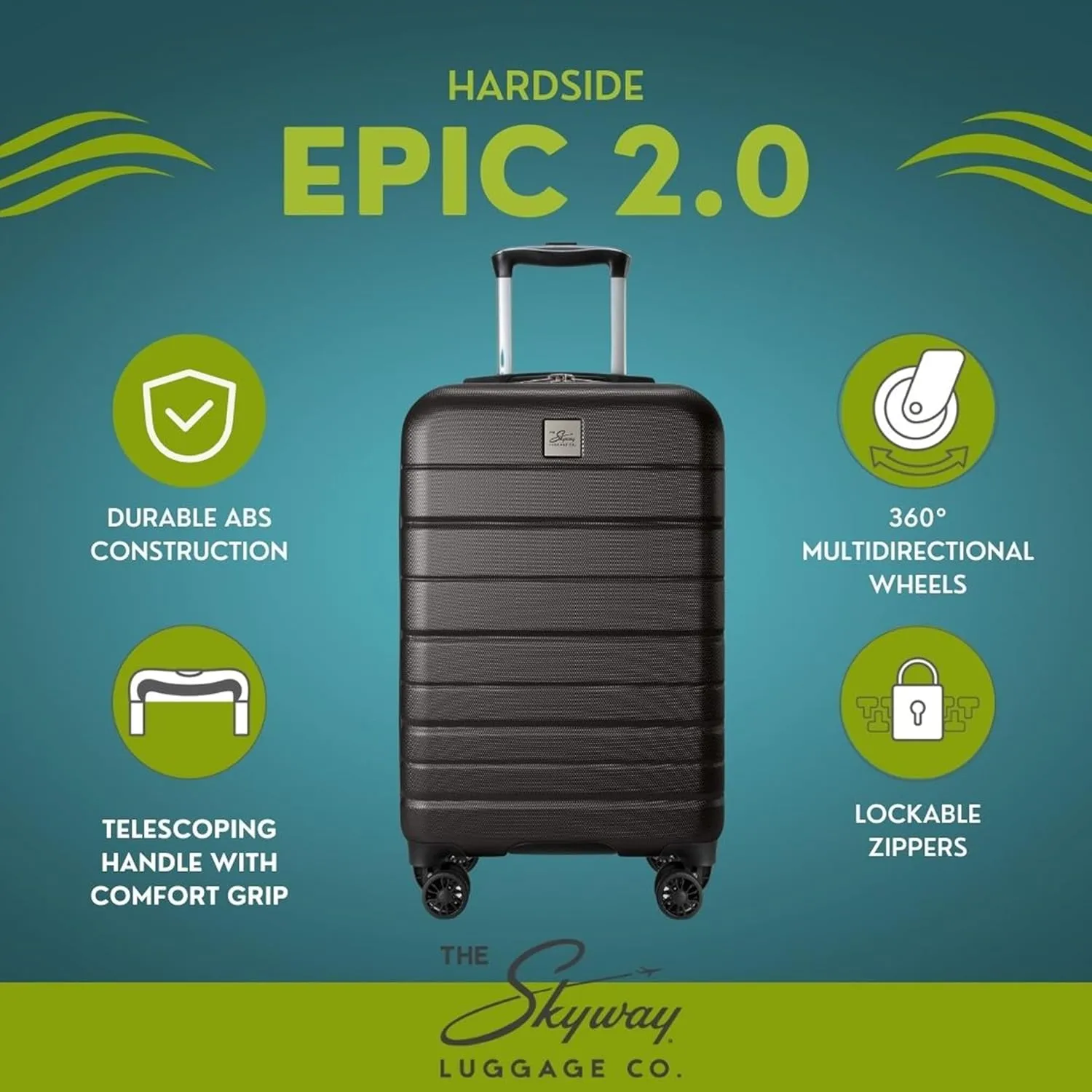 Skyway Epic 2.0 Hardside Lightweight and Durable ABS Shell Luggage, Spacious with Dual Spinning Wheels, Comfort Grip, Men and Women, 24-inch Medium Check-In, Midnight