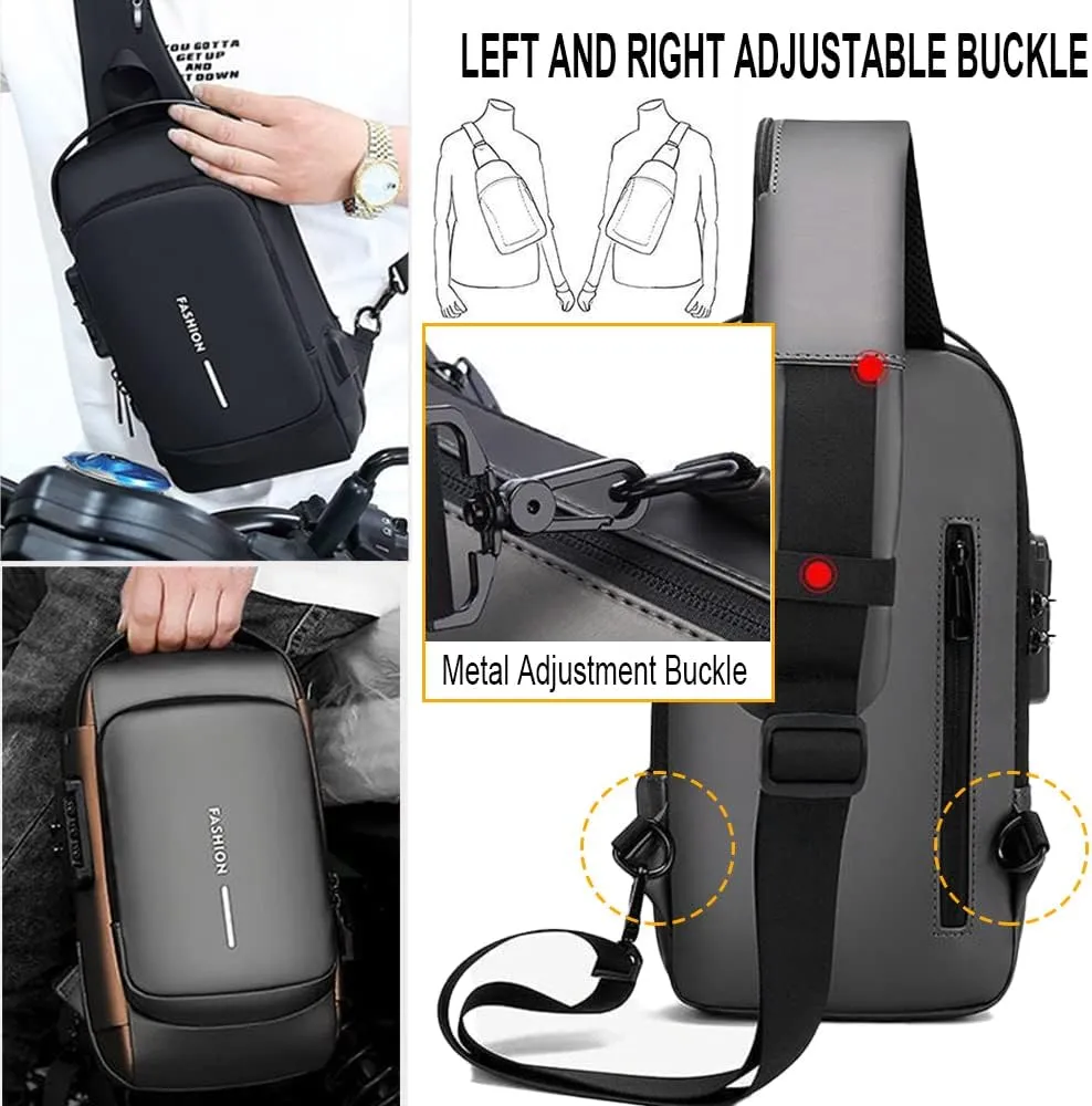 Sling Backpack USB Waterproof Chest Daypack Casual Shoulder Bag (Grey)