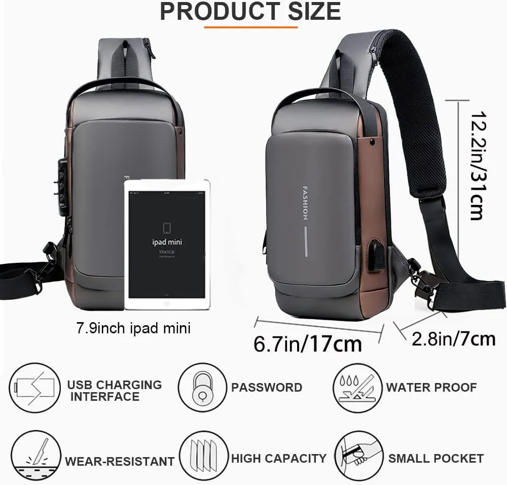 Sling Backpack USB Waterproof Chest Daypack Casual Shoulder Bag (Grey)