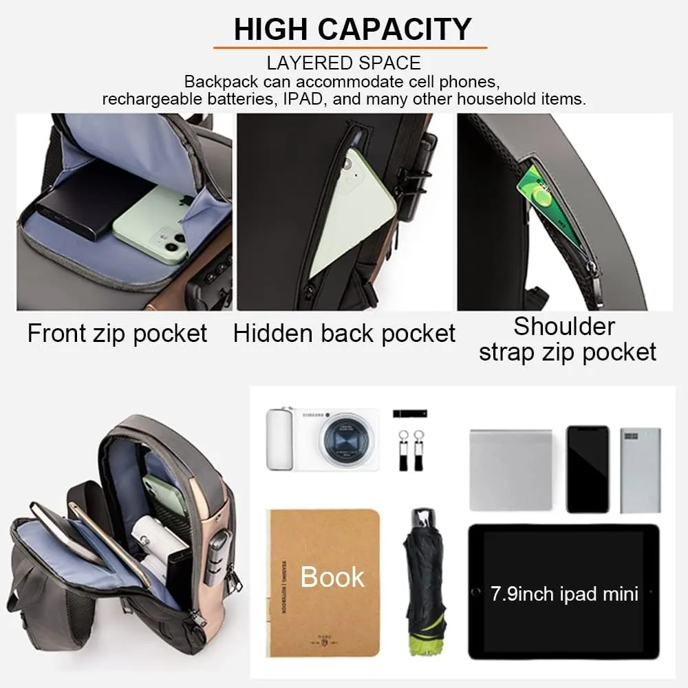Sling Backpack USB Waterproof Chest Daypack Casual Shoulder Bag (Grey)