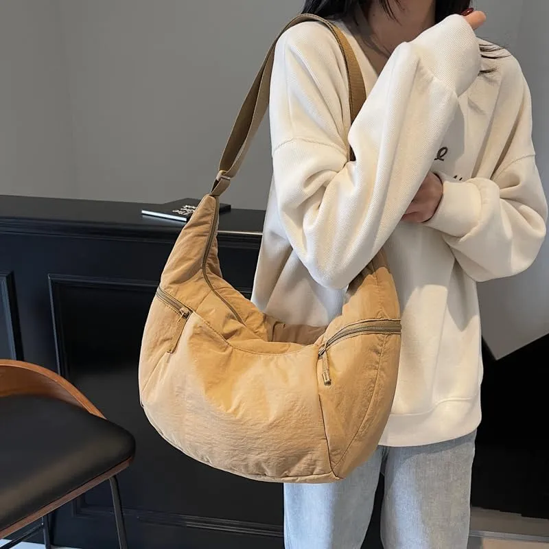 Slouchy Sling Bag for Women Canvas Crescent Bag Hobo Purse with Adjustable Strap Saddle Bag for Travel