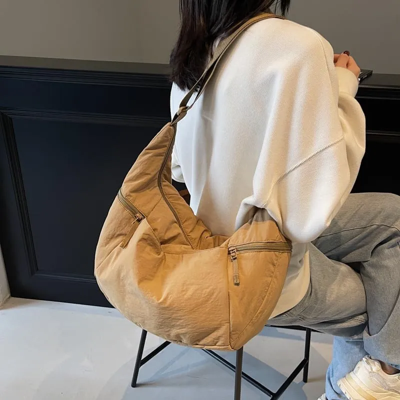 Slouchy Sling Bag for Women Canvas Crescent Bag Hobo Purse with Adjustable Strap Saddle Bag for Travel