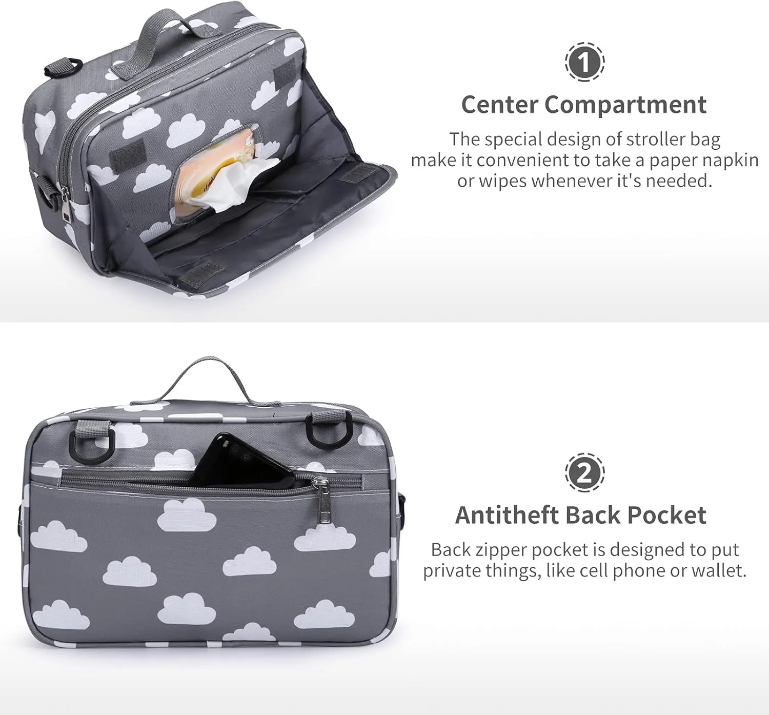 Small Diaper Bag, Stroller Organizer Bags for Baby with Insulated Pocket, Stroller Hooks and Adjustable Strap,Universal Mini Diaper Tote Bags Fit All Strollers, Gray