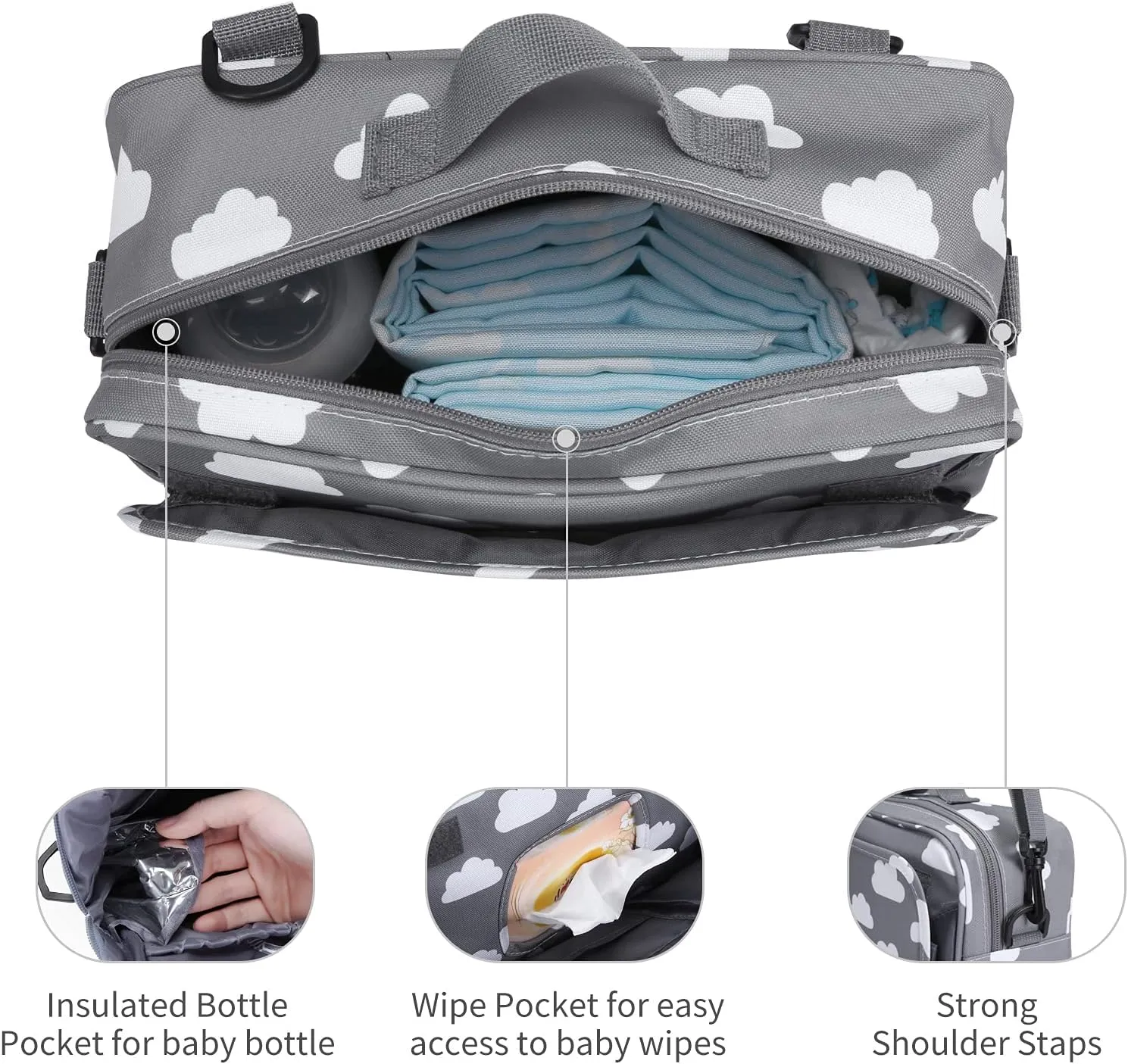 Small Diaper Bag, Stroller Organizer Bags for Baby with Insulated Pocket, Stroller Hooks and Adjustable Strap,Universal Mini Diaper Tote Bags Fit All Strollers, Gray