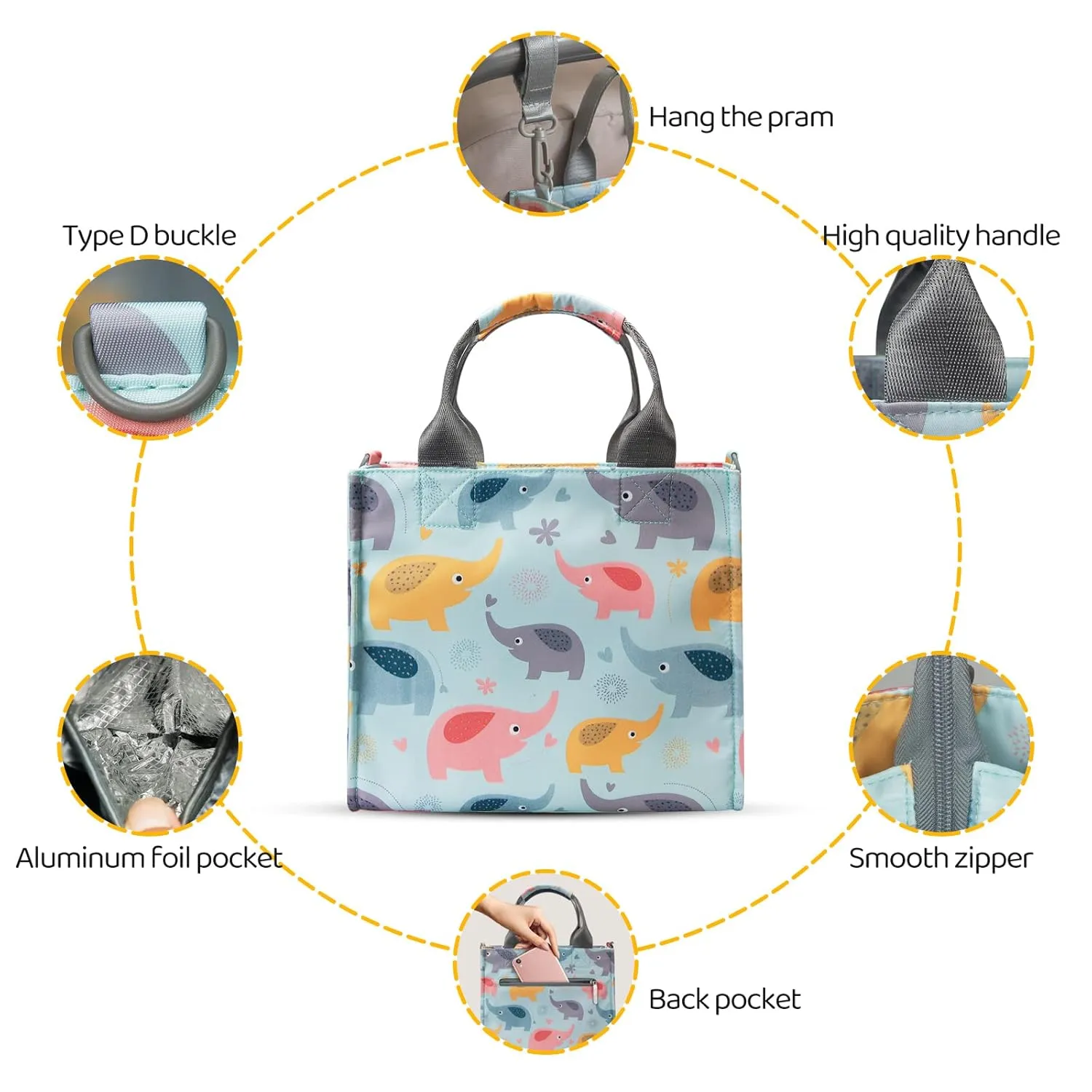 Small Diaper Bags Waterproof Travel Tote Mini Diaper Bag Multi-Function Baby Bags Crossbody Purse(Blue Elephant)