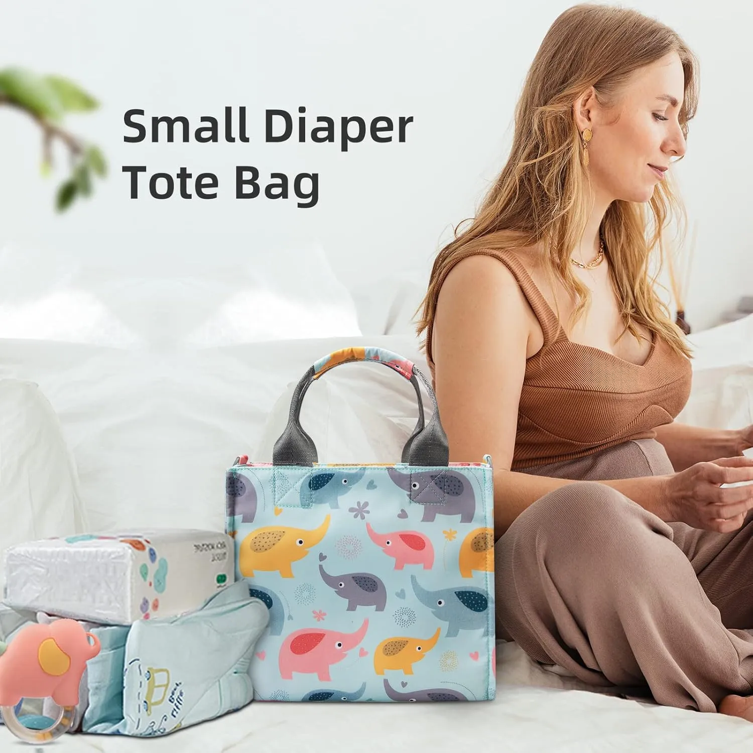 Small Diaper Bags Waterproof Travel Tote Mini Diaper Bag Multi-Function Baby Bags Crossbody Purse(Blue Elephant)