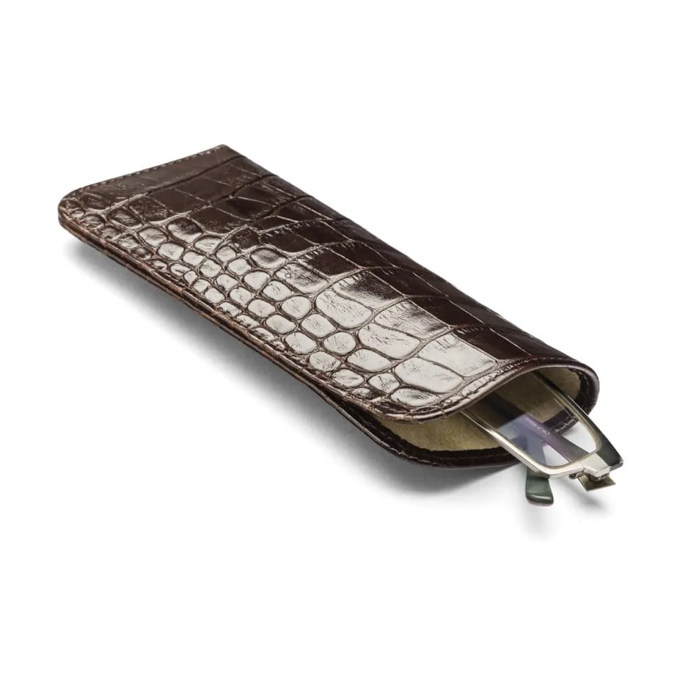 Small Leather Glasses Case - Brown Croc-Effect