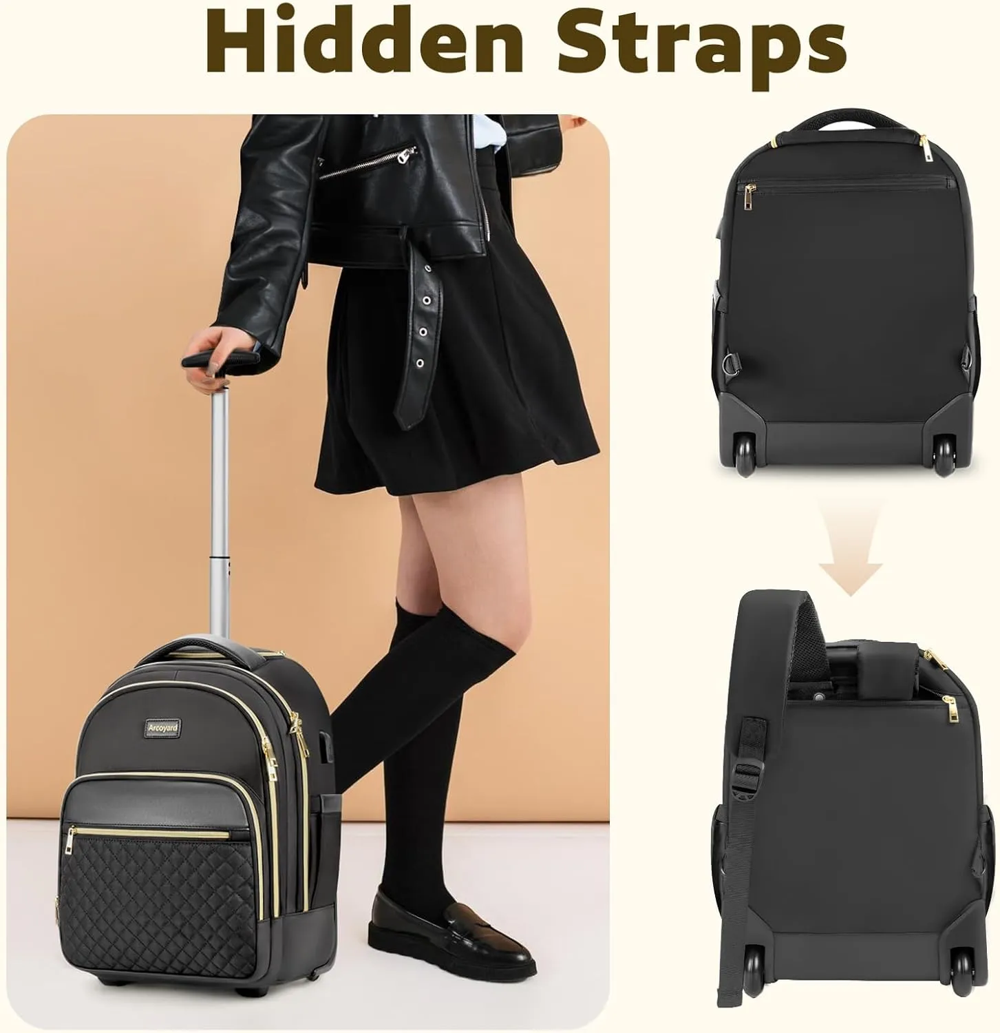 Small Rolling Backpack for Women, Lightweight Travel Backpack with Wheels, Roller Backpack for Adults, Water Resistant Rolling Laptop Bag, Wheeled Underseat Carry On Luggage, Black Gold