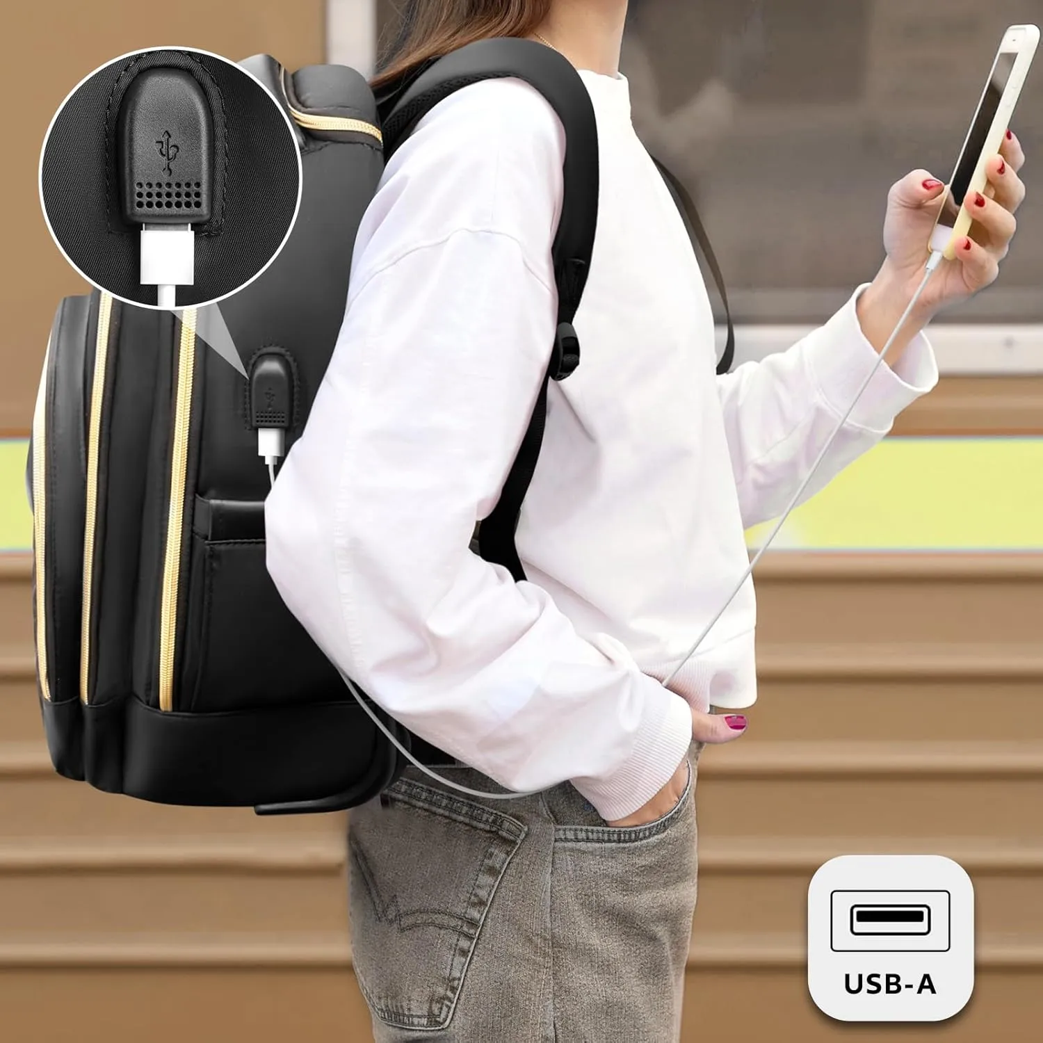 Small Rolling Backpack for Women, Lightweight Travel Backpack with Wheels, Roller Backpack for Adults, Water Resistant Rolling Laptop Bag, Wheeled Underseat Carry On Luggage, Black Gold