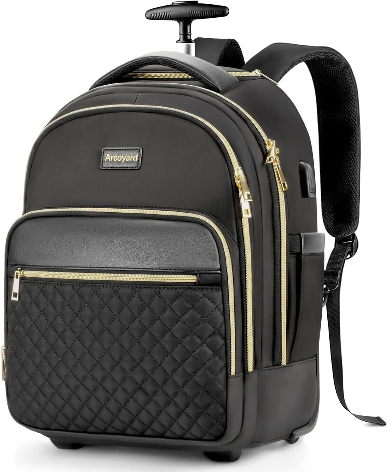 Small Rolling Backpack for Women, Lightweight Travel Backpack with Wheels, Roller Backpack for Adults, Water Resistant Rolling Laptop Bag, Wheeled Underseat Carry On Luggage, Black Gold