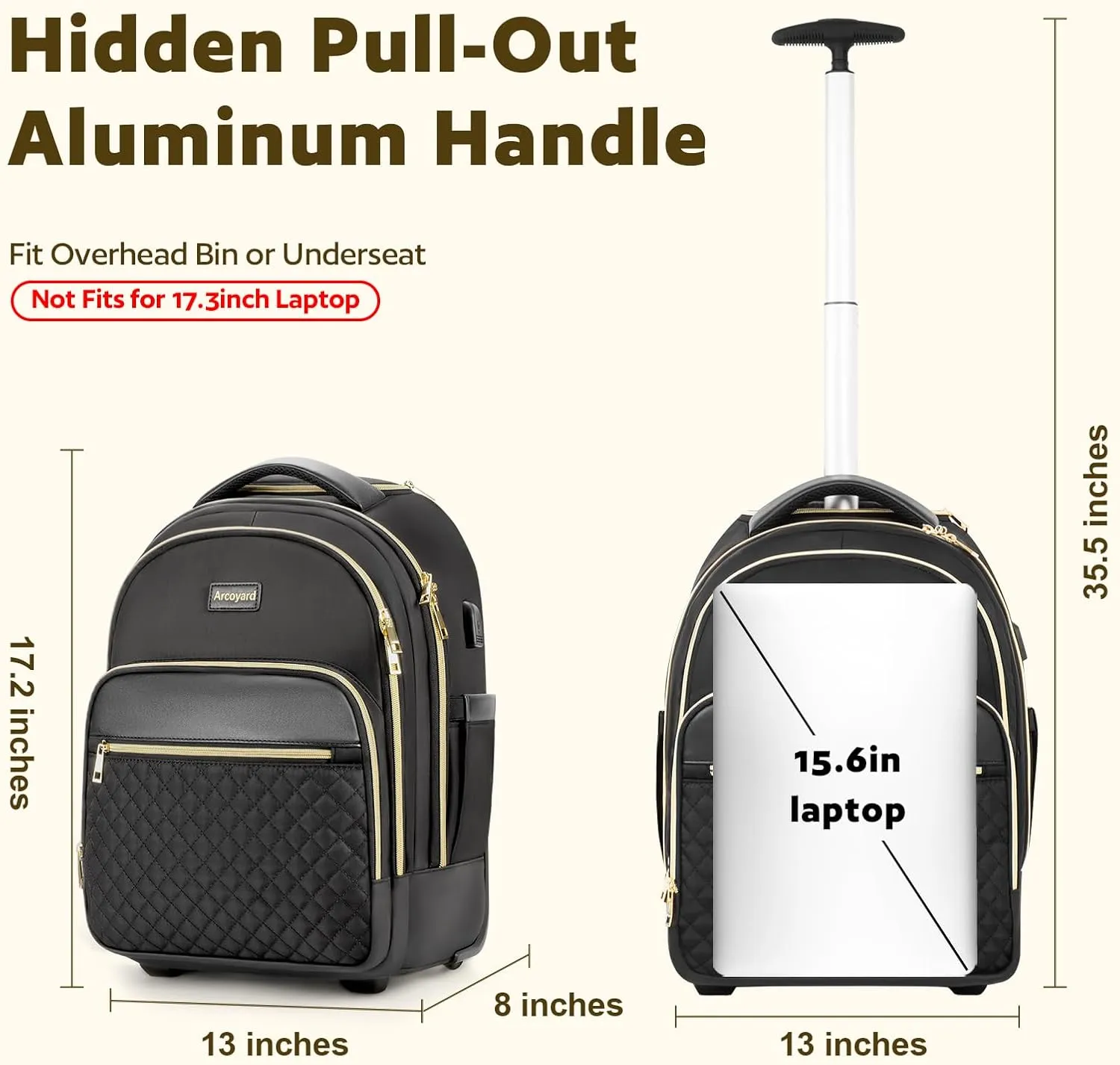 Small Rolling Backpack for Women, Lightweight Travel Backpack with Wheels, Roller Backpack for Adults, Water Resistant Rolling Laptop Bag, Wheeled Underseat Carry On Luggage, Black Gold