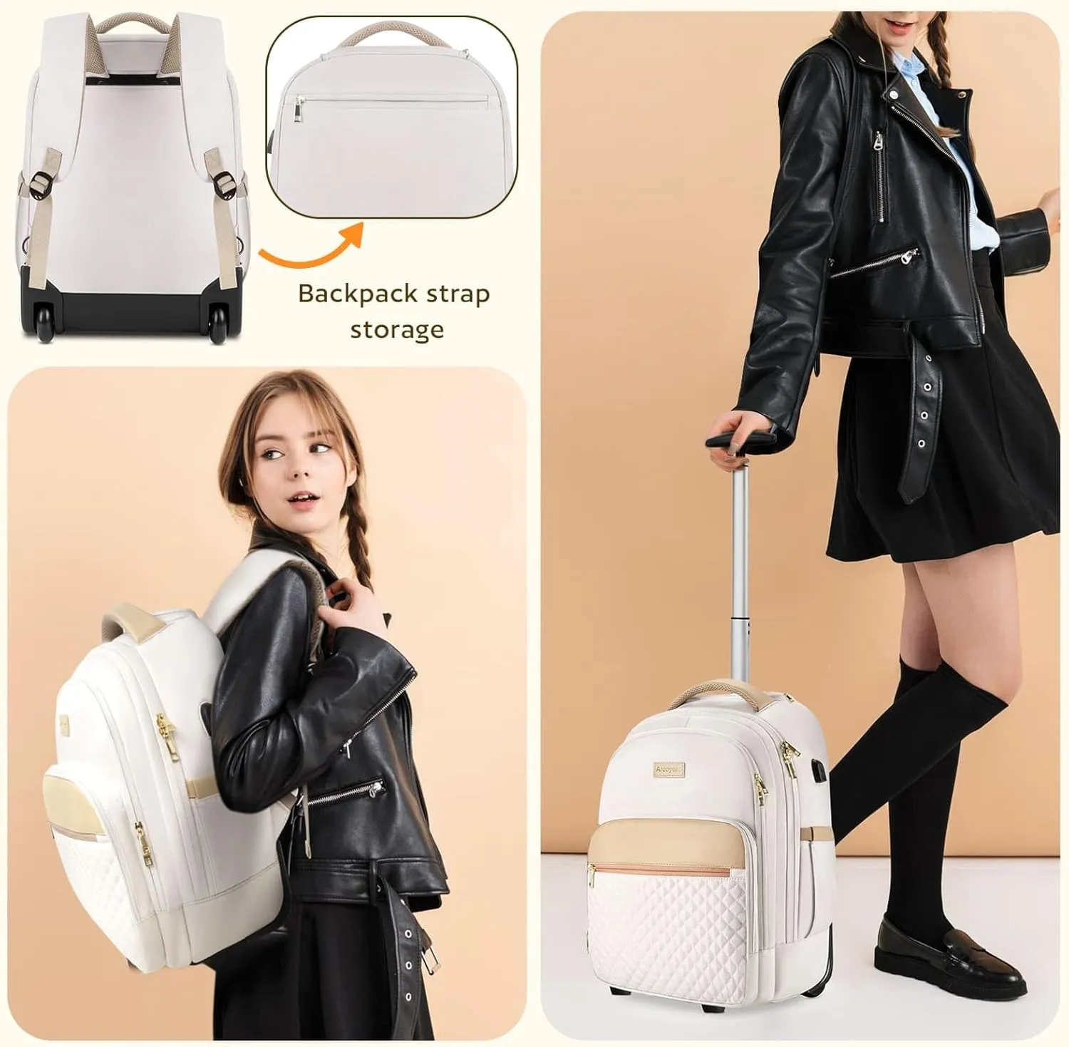 Small Rolling Backpack, Underseat Carry On Luggage With Wheels For Adults, 15.6 Inch Wheeled Backpack for Women, Travel Roller Bag, Beige