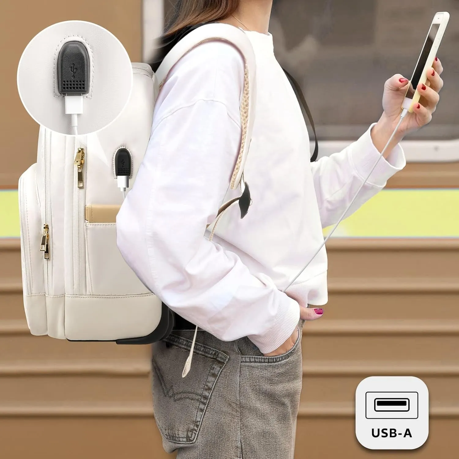 Small Rolling Backpack, Underseat Carry On Luggage With Wheels For Adults, 15.6 Inch Wheeled Backpack for Women, Travel Roller Bag, Beige