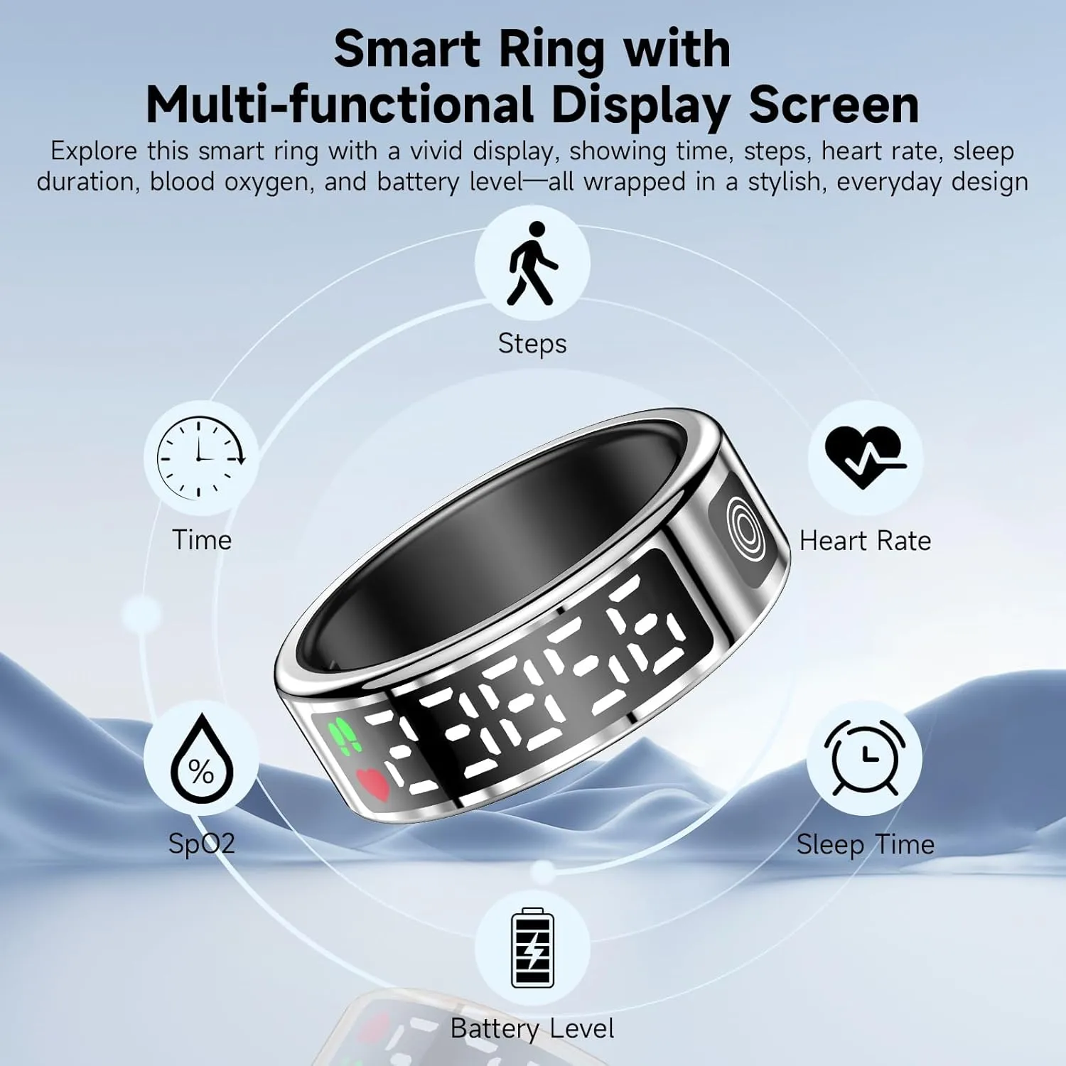 Smart Ring with Display - Fitness Tracker, Heart Rate Monitor, Sleep Tracker, Step Counter, Gesture Control for TikTok & Camera - IP68 Waterproof, Extended Battery Life Silver #10