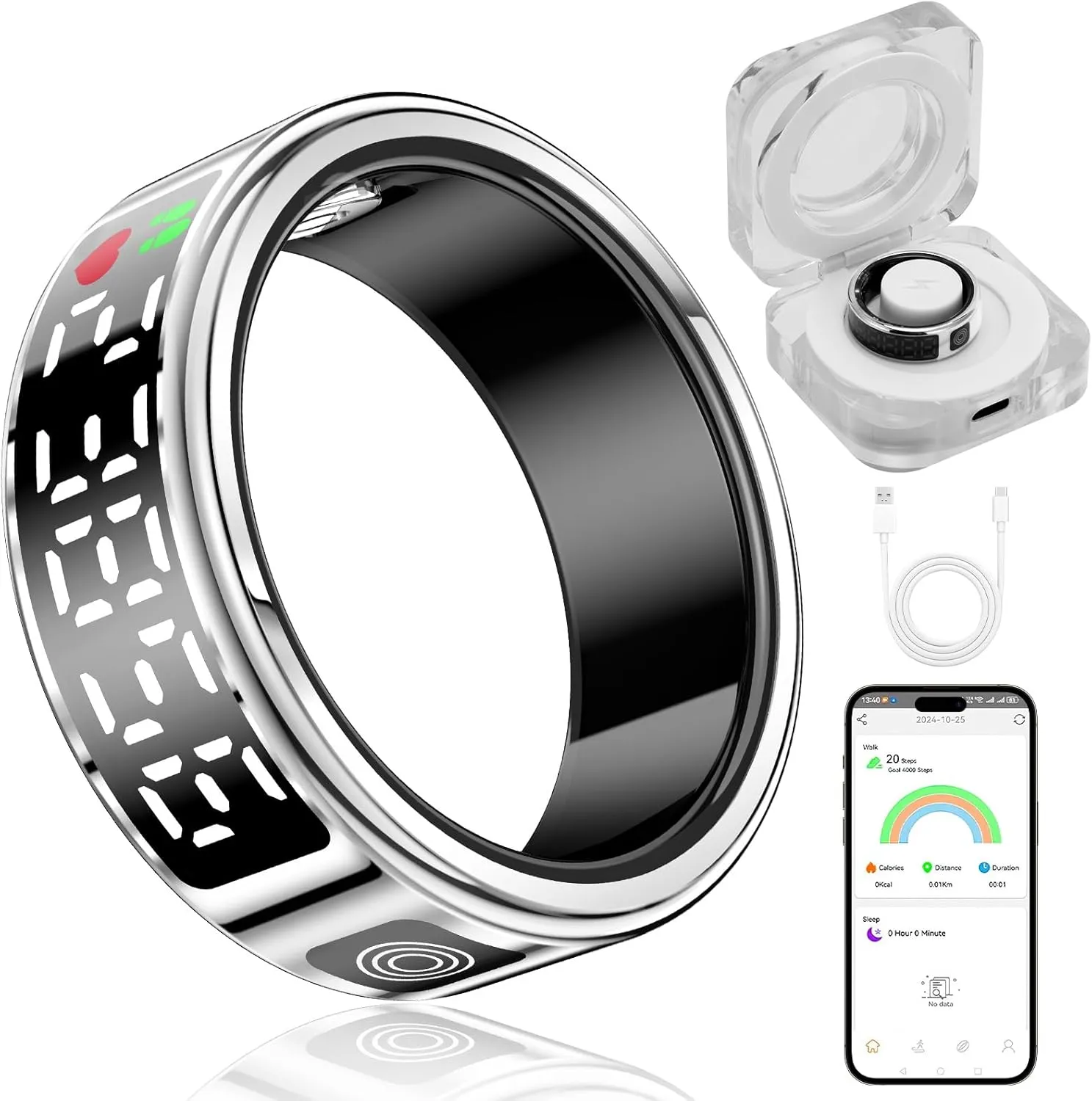 Smart Ring with Display - Fitness Tracker, Heart Rate Monitor, Sleep Tracker, Step Counter, Gesture Control for TikTok & Camera - IP68 Waterproof, Extended Battery Life Silver #10