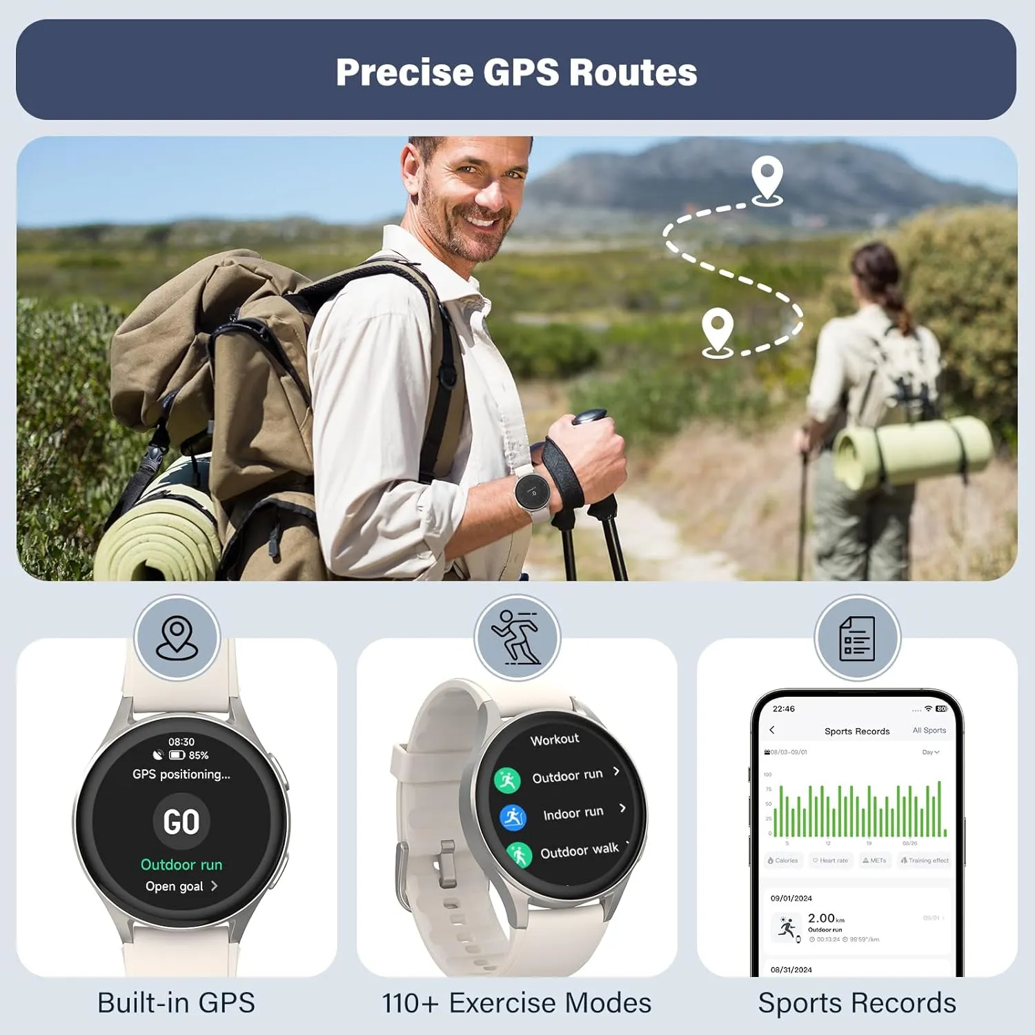 Smart Watch, Built-in Alexa, GPS, VO2 Max, HRV, SpO2 Sleep Monitoring, Noise Detection, Women's Health, Sports Tracking, Notifications, 1.32" AMOLED, Compass, Altimeter (Bluetooth, Gray, 43mm)