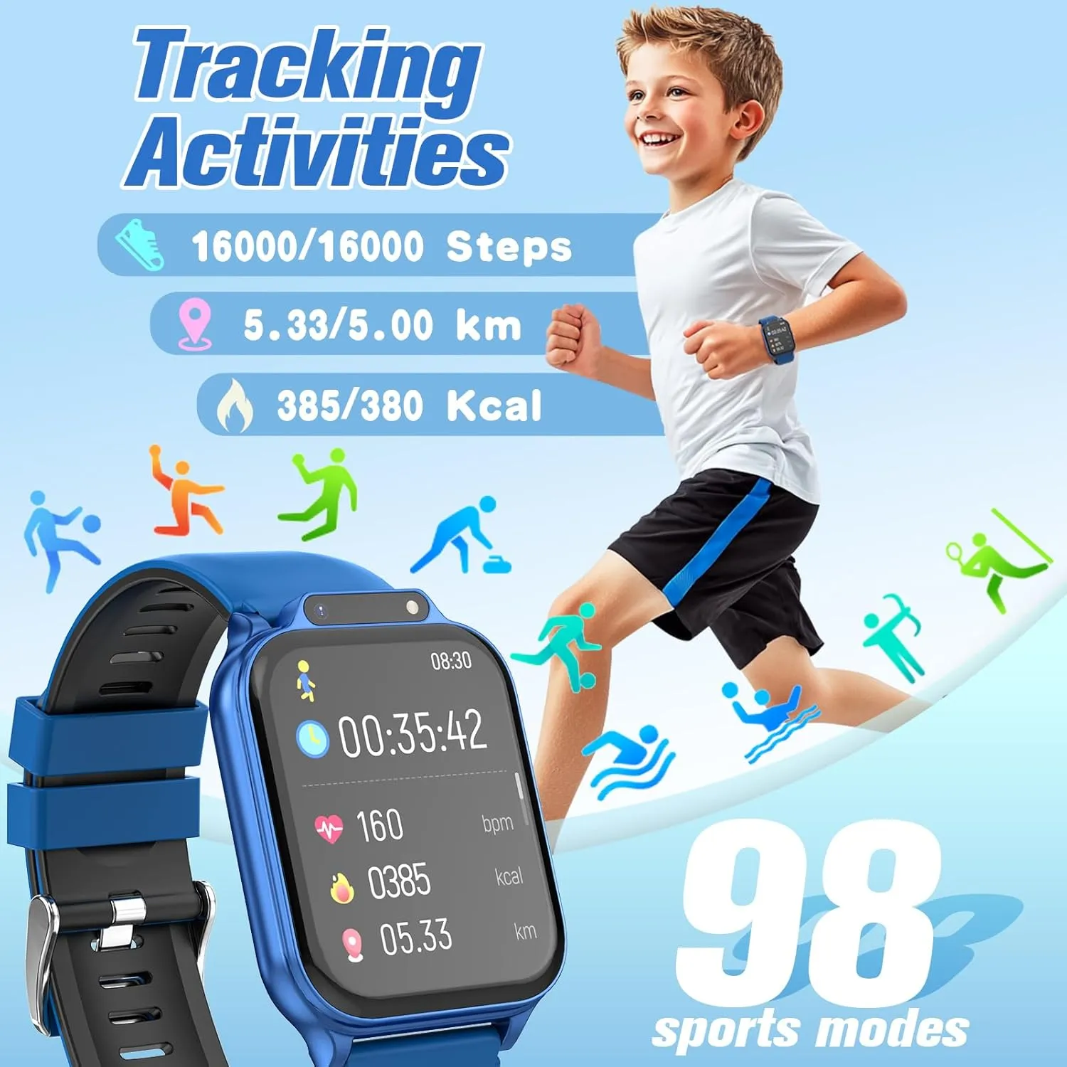 Smart Watch for Kids 1.85" with Fitness Tracker, Sleep Monitor, 22/98 Sport Modes, DIY Dial, IP68 Waterproof, Step Counter, Heart Rate, Camera, with/Without APP, Gift for 3-12 Years Old Boys and Girls