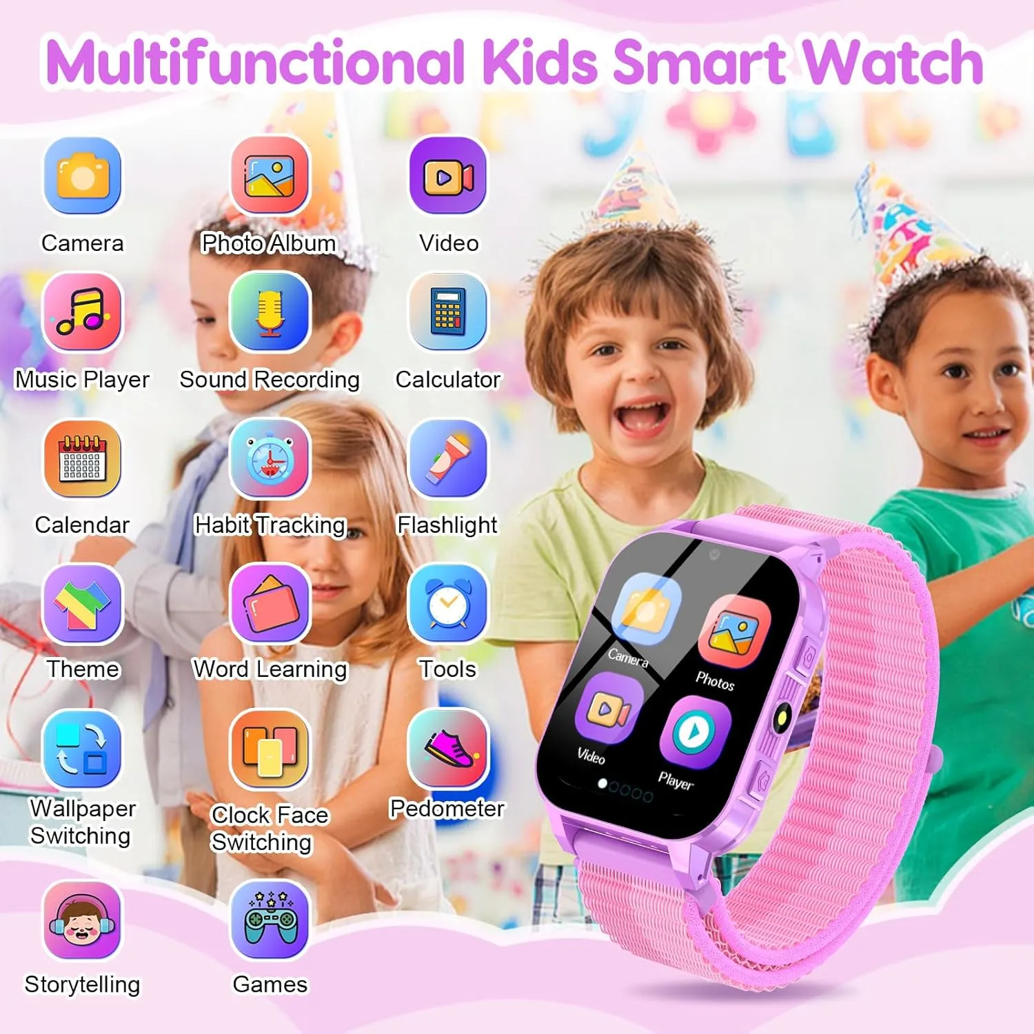 Smart Watch for Kids with 30 Puzzle Games, 140 Educational Learning Cards, Screen Protector, HD Touch Screen, Camera, Music, Pedometer - Perfect for Girls Ages 4-12 as Fun & Educational Birthday Gift