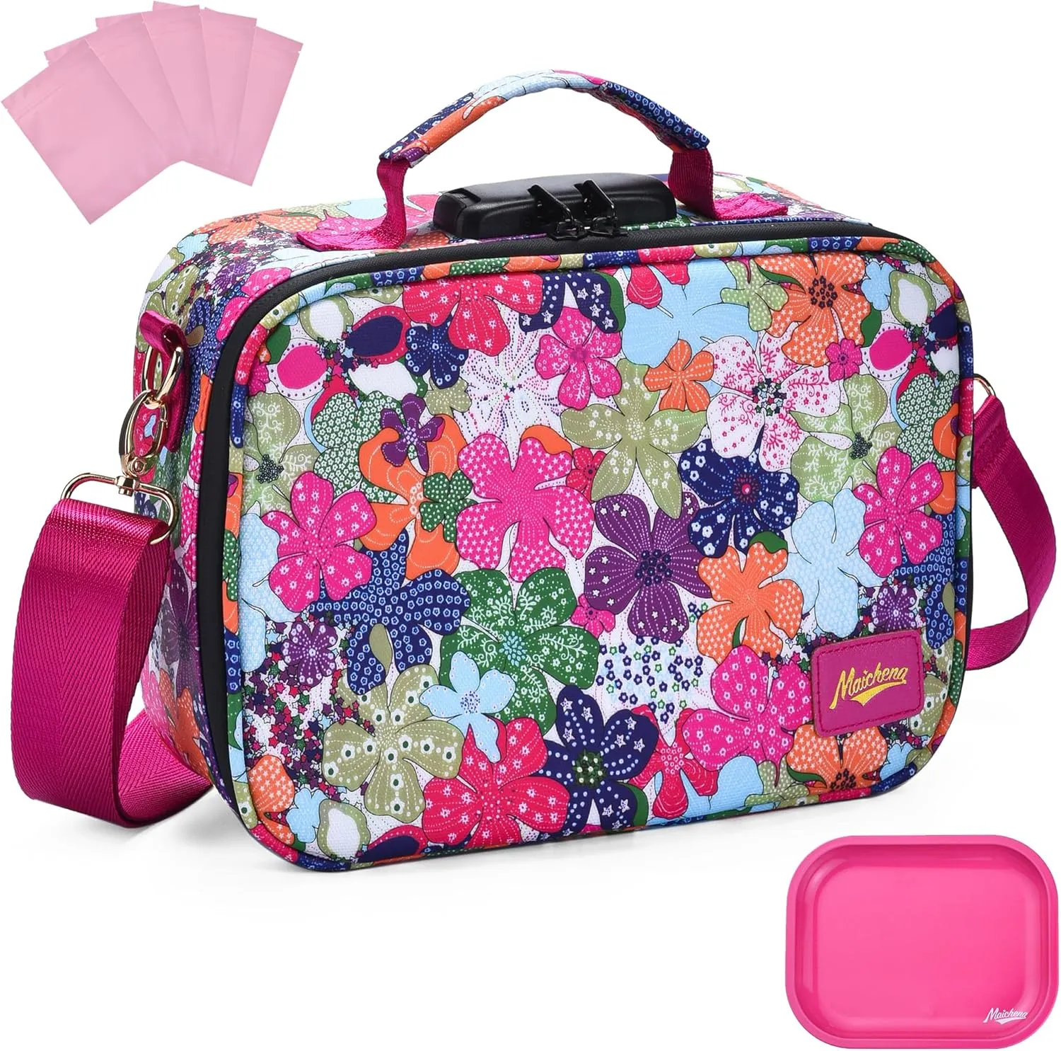 Smell Proof Bag with Combination Lock and Tray, Large Odor Proof Stash Box, Smell Proof Containers Crossbody Bag for Travel & Storage, Gifts for Women, Hot Pink