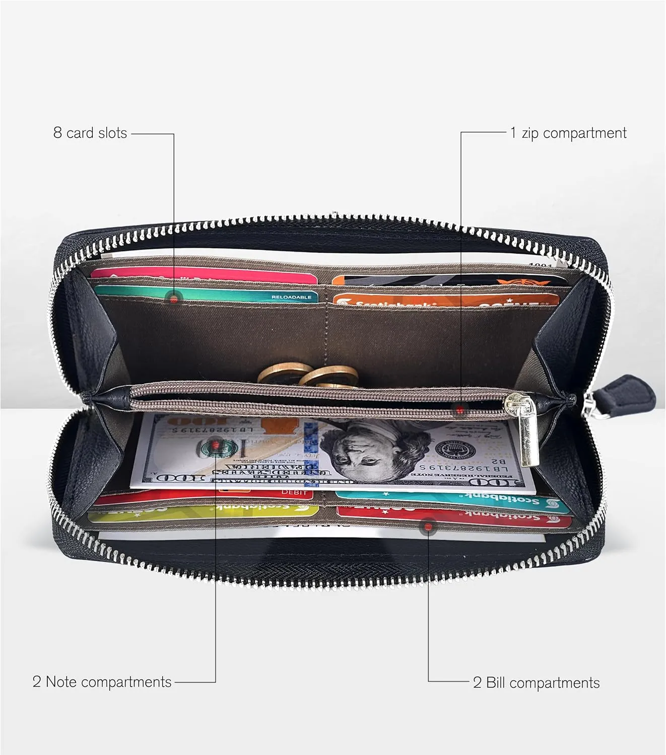 Smooth Nappa Leather Wallet for Women - RFID Womens Wallet Clutch with 8 Credit Card Holder, Coin Pocket