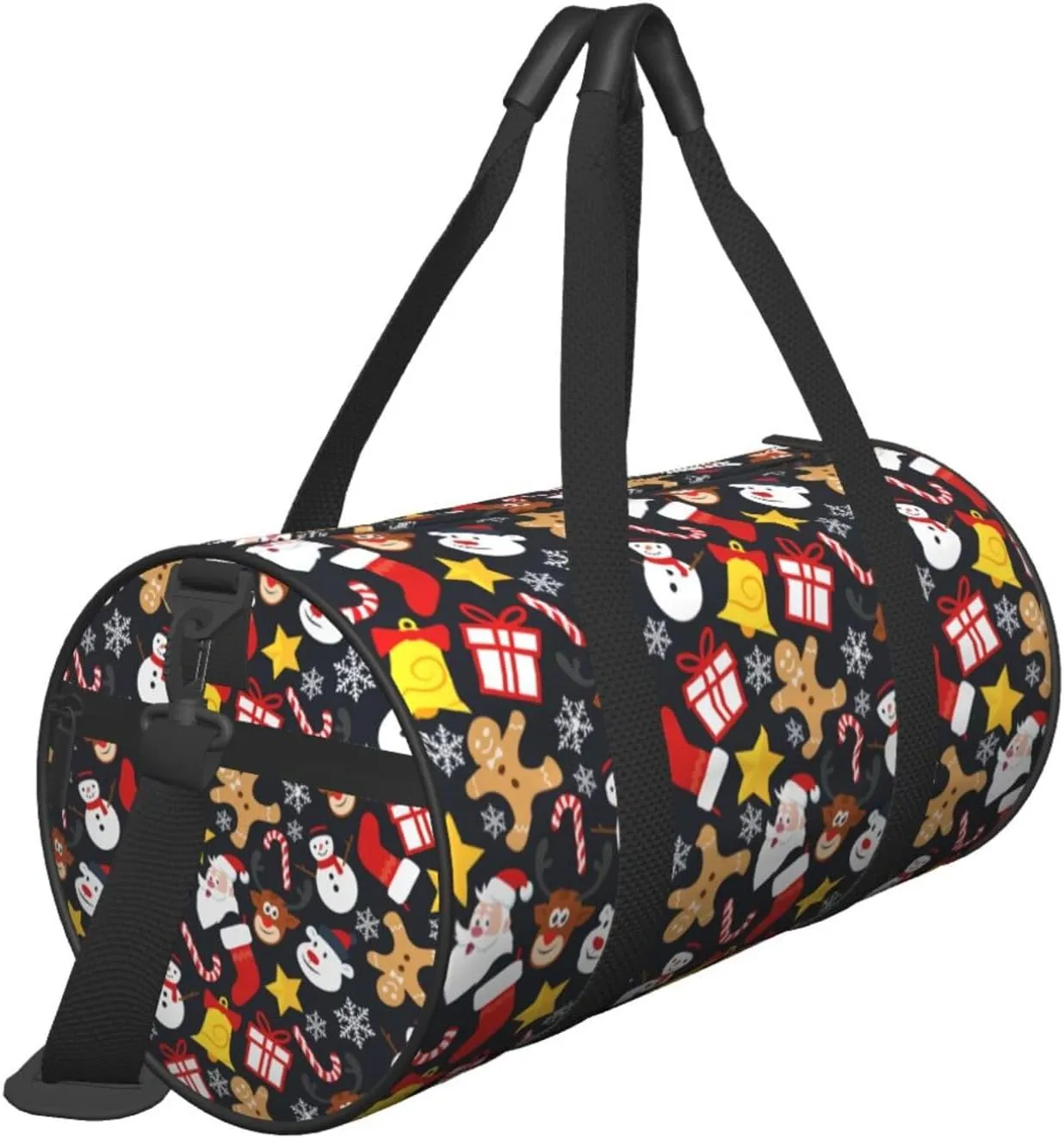 Snowflakes Christmas Cane Gingerbread Man Reindeer Round Travel Duffel Bag Large Capacity Gym Sports Bags for Hiking Vacation Trips