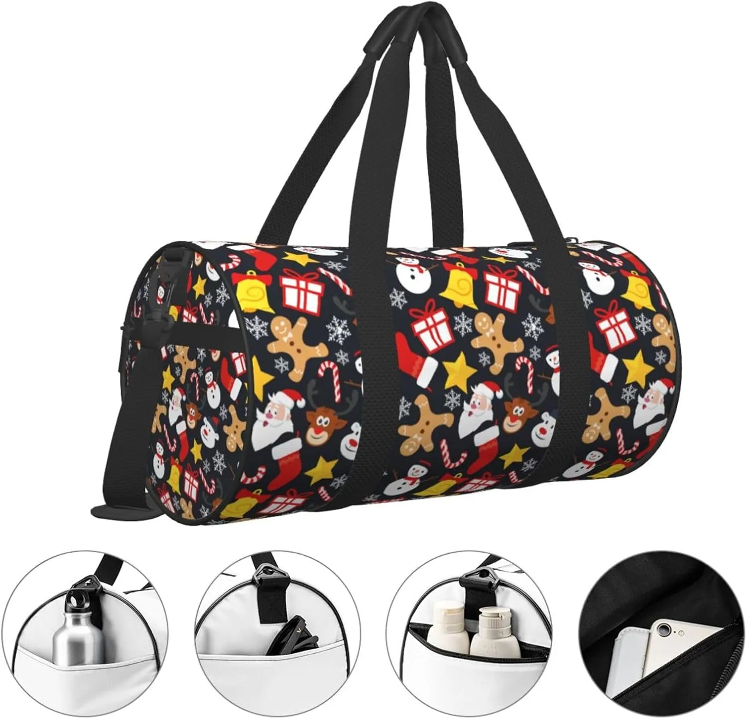 Snowflakes Christmas Cane Gingerbread Man Reindeer Round Travel Duffel Bag Large Capacity Gym Sports Bags for Hiking Vacation Trips