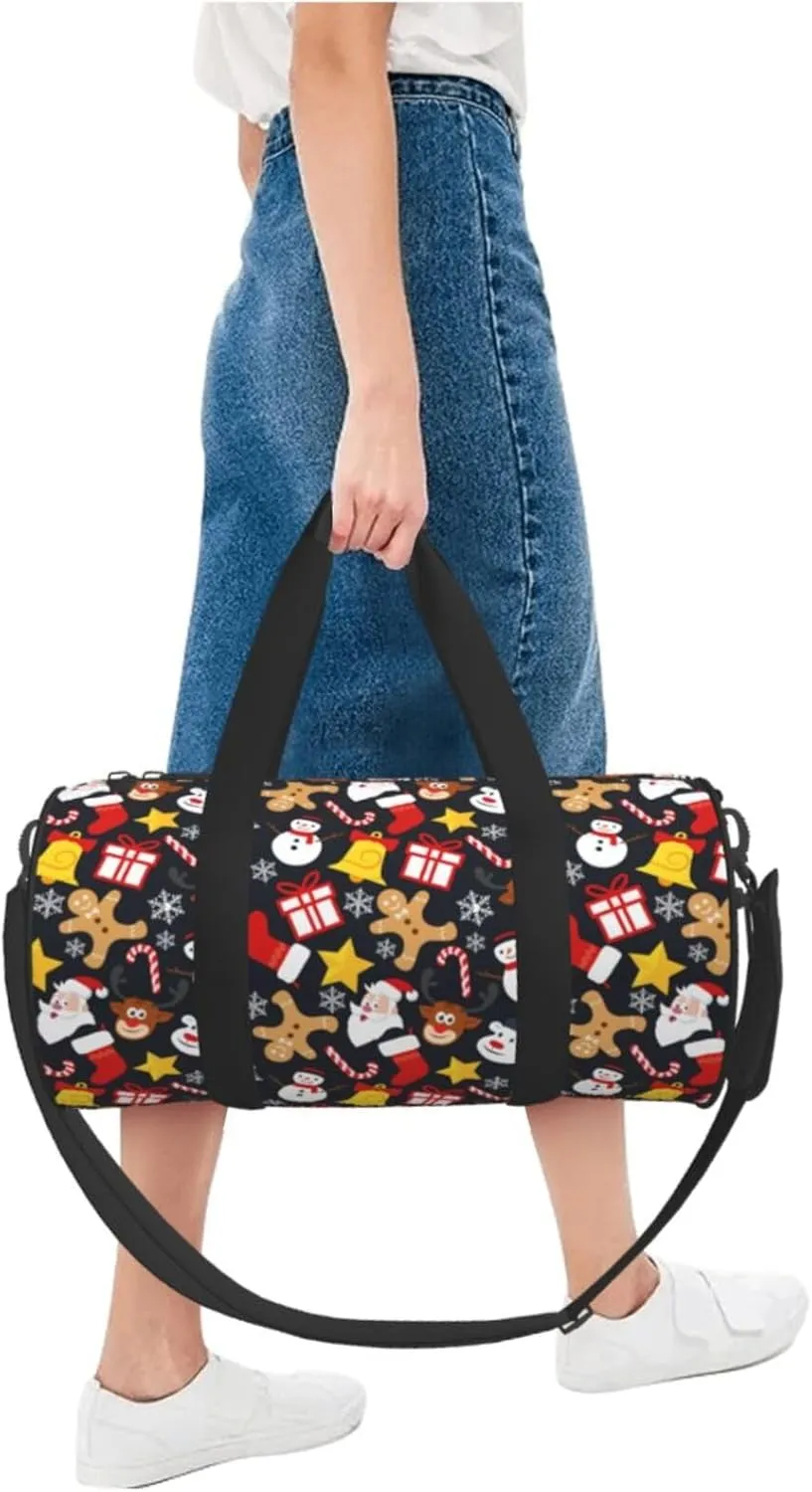 Snowflakes Christmas Cane Gingerbread Man Reindeer Round Travel Duffel Bag Large Capacity Gym Sports Bags for Hiking Vacation Trips