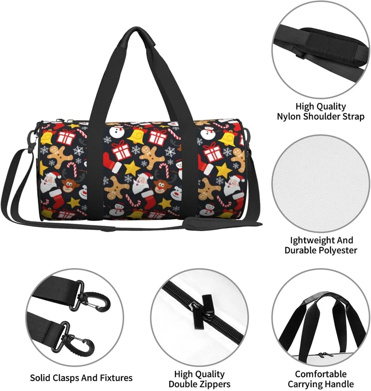Snowflakes Christmas Cane Gingerbread Man Reindeer Round Travel Duffel Bag Large Capacity Gym Sports Bags for Hiking Vacation Trips