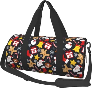 Snowflakes Christmas Cane Gingerbread Man Reindeer Round Travel Duffel Bag Large Capacity Gym Sports Bags for Hiking Vacation Trips