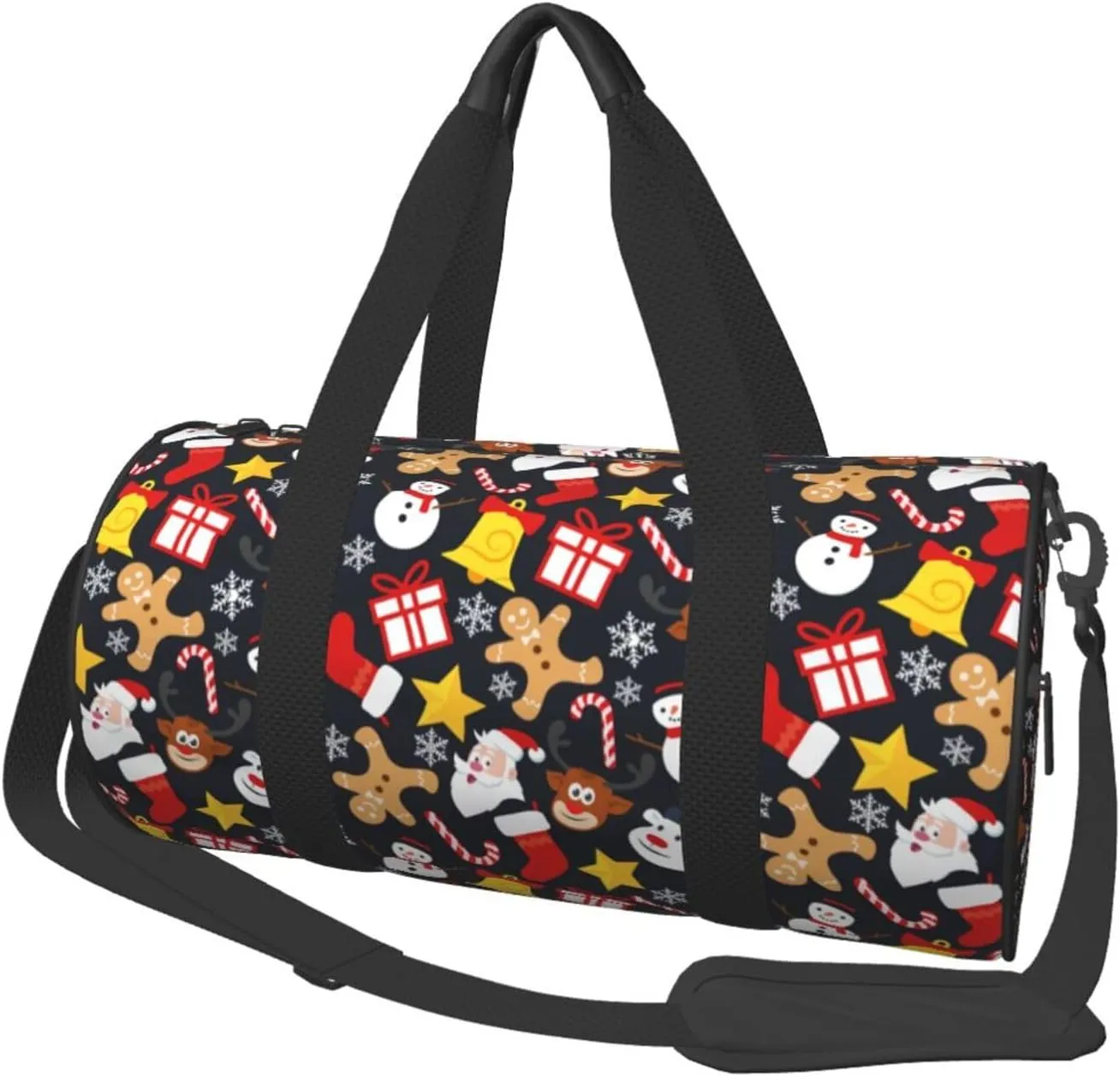 Snowflakes Christmas Cane Gingerbread Man Reindeer Round Travel Duffel Bag Large Capacity Gym Sports Bags for Hiking Vacation Trips