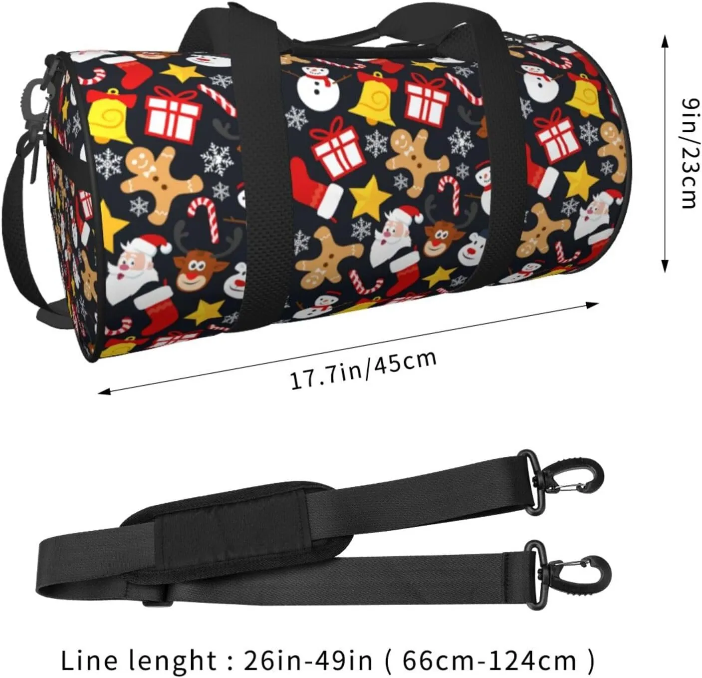 Snowflakes Christmas Cane Gingerbread Man Reindeer Round Travel Duffel Bag Large Capacity Gym Sports Bags for Hiking Vacation Trips