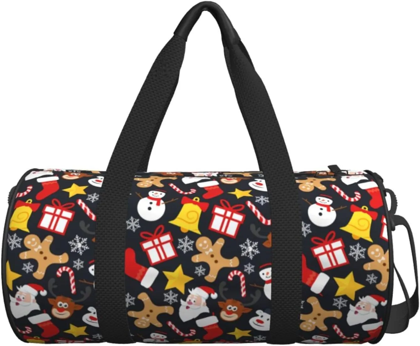 Snowflakes Christmas Cane Gingerbread Man Reindeer Round Travel Duffel Bag Large Capacity Gym Sports Bags for Hiking Vacation Trips