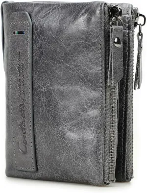 Soft Leather Wallet for Women and Men Small Bifold Coin Purse Double Zipper Card Holder with RFID Blocking (Gray)