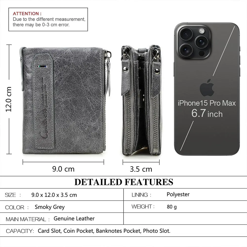 Soft Leather Wallet for Women and Men Small Bifold Coin Purse Double Zipper Card Holder with RFID Blocking (Gray)